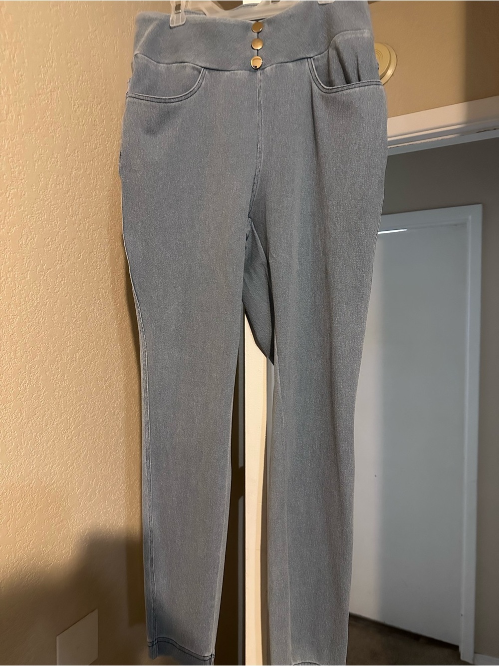 SHEIN Light Denim Slim Stretch Chinos with Gold Buttons